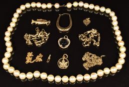 Sections of 9ct gold chain, 9ct gold chain, 9ct gold heart charm, 9ct gold fish charm, two 9ct