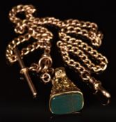A 9ct rose gold Albert watch chain, length 40cm with 9ct gold fob seal set with bloodstone, weight