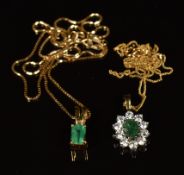 An 18ct gold pendant (0.8g) set with an emerald cut emerald on 14k gold chain (13.g) and a 9ct
