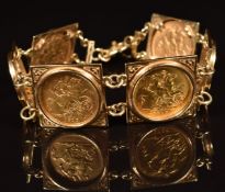 A 9ct gold bracelet set with six gold half sovereigns comprising 1910, two 1916 and 1906, all with