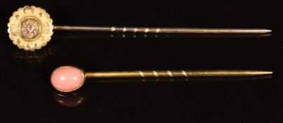 Victorian 9ct gold stick pin set with a rose cut diamond and a stick pin set with a coral