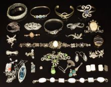 A collection of jewellery including Art Deco necklaces, six silver brooches, Art Deco paste