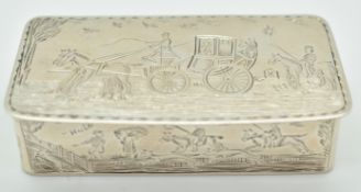 George V hallmarked silver snuff box, with engraved decoration of horse and carriage to lid and