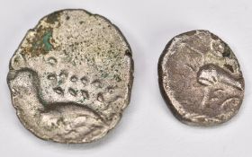 Two Celtic silver Iceni coins, one being a boar horse type the other double crescent type