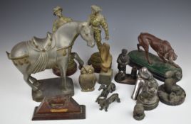 Collection of spelter, bronze, brass and other metal figures including dogs, fish, 16thC soldiers,