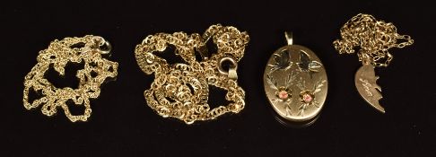 Two 9ct gold chains and a pendant (5.7g) together with a 14k rolled gold locket and silver chain