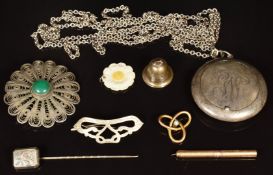 A 9ct gold toothpick, filigree brooch, Victorian silver stick pin, hallmarked silver compact, silver