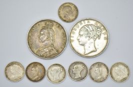 Nine coins comprising 1887 Queen Victoria Jubilee half crown, an 1840 one rupee and a collection