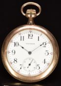 Waltham gold plated keyless winding open faced pocket watch with inset subsidiary seconds dial,