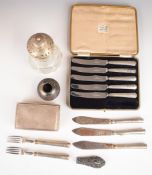 Cased set of five hallmarked silver handled knives, further silver handled cutlery, silver handle,