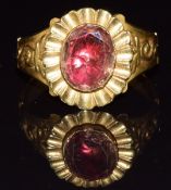 An early 19thC gold ring set with foiled imperial topaz, 4.2g, size P