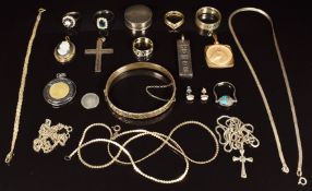 A collection of silver jewellery including bangle, five rings, chains, pendants, horse pendant and