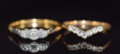 An 18ct gold ring set with three diamonds in a platinum setting, 1.8g, size T and a 9ct gold