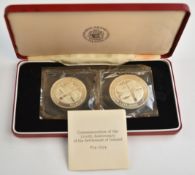 Two Icelandic silver commemorative coins, in case with certificate