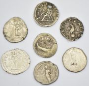 Seven Roman silver coins to include Septimus Severus and Antonius Pius, all around 18mm diameter