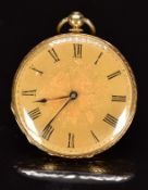 Unnamed yellow metal open faced pocket watch with blued hands, black Roman numerals, engraved gold