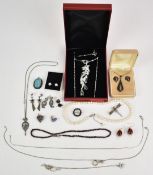 A collection of jewellery including pearl necklace, Siam silver necklace and earrings, five silver