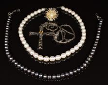 Two pearl necklaces, silver cross, silver chain and silver ring set with a pearl