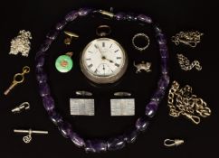 Amethyst necklace, a pair of silver cufflinks, two sections of silver watch chain, a silver pocket