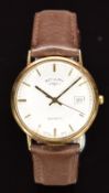 Rotary 9ct gold gentleman's wristwatch with date aperture, gold hands and hour markers, white dial