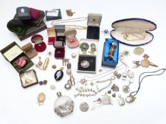 A collection of costume jewellery including vintage boxes, silver brooch set with marcasite, Charles