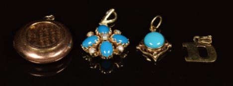 Two 9ct gold pendants set with faux turquoise, a 9ct rose gold locket and a 9ct gold letter 'D'