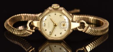 Centaur 9ct gold ladies wristwatch with subsidiary seconds dial, gold hands and Arabic numerals,