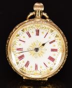 Continental 18ct gold keyless winding open faced pocket watch with black Roman numerals, blued