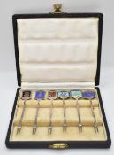 Cased set of Elizabeth II hallmarked silver novelty pickle forks formed as pub signs with enamel