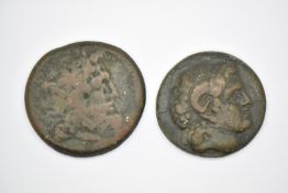 Two bronze Ptolemy coins, 222-204 BC, 30-34mm diameter,