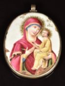 Russian 19thC silver pendant set with a porcelain / enamel plaque, engraved to back 1889