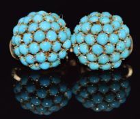 A pair of 14k gold earrings set with turquoise in a domed cluster, 7.9g