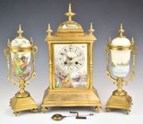 Japy Freres gilt metal and Sèvres or similar painted porcelain mantel clock garniture decorated with