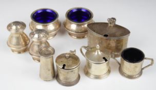 Nine various hallmarked silver salts, peppers and mustards to include Art Deco examples, all but