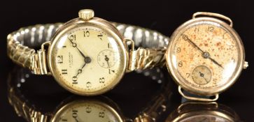 Two 9ct gold ladies wristwatches J W Benson and one other each with subsidiary seconds dial, blue