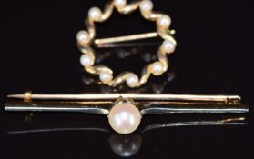 A c1920 15ct gold brooch set with a pearl and a 9ct gold brooch set with pearls, 8.3g