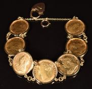 A 9ct gold bracelet set with seven gold full sovereigns comprising 1902, 1903, 1896, 1900, 1909,