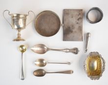 Hallmarked silver items to include trophy cup, height 9cm, Georgian and later spoons, open salt,