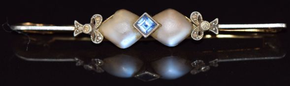 Art Deco 9ct gold brooch set with moonstones, a sapphire and diamonds, 3.3g