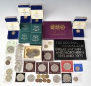 A collection of coins including last LSD and first decimal set, modern crowns, Pobjoy commemoratives