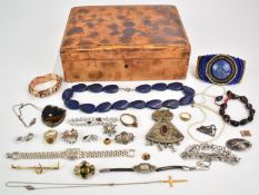 A collection of jewellery including a silver watches, marcasite bracelet, brooches, lapis lazuli