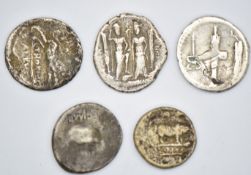 Five Roman Republic silver coins to include Mark Antony Morbana II, each around 18mm diameter