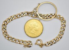 1817 George III gold full sovereign with 9ct gold mount and bracelet, 13.1g total