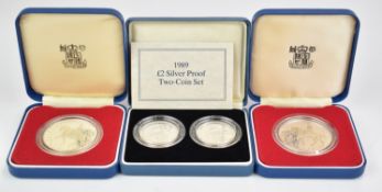 Three Royal Mint cased coins comprising 1989 £2 proof silver Tercentenary pair with certificate