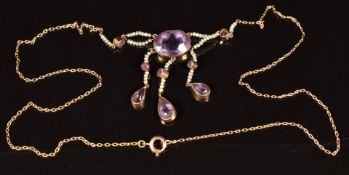 Edwardian 9ct gold necklace set with seed pearls and amethysts, length 42cm