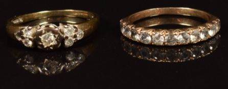 A 9ct gold ring set with diamonds and a 9ct gold half eternity ring set with spinel, 3.4g, size