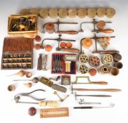 Large collection of antique / vintage watchmaker's tools, treen pots, materials, tools etc.