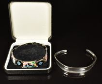 Norwegian silver enamel bracelet made up of panels depicting winter scenes and a silver bangle