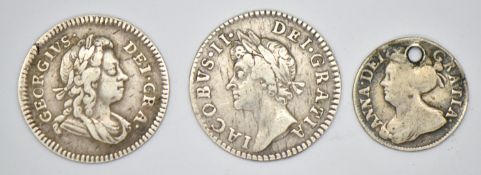 Three Maundy coins comprising 1686 James II fourpence, 1717 George II fourpence and a holed 1710