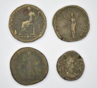 Four Roman copper / bronze coins including Maximus I 235-238 AD, smallest 23mm diameter, largest